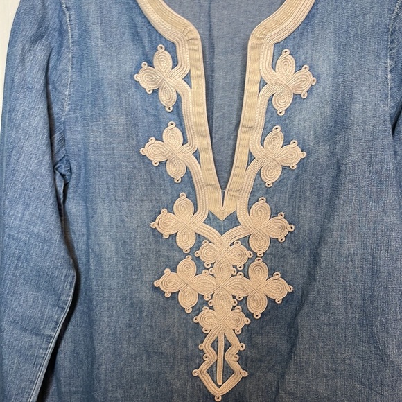 J Crew Chambray Denim Popover Tunic Top Soutache Embroidered Boho Sz 10 - Picture 5 of 12